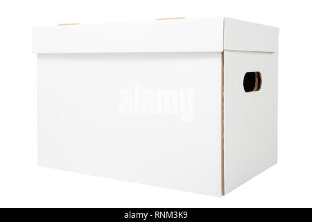 Cartoncino bianco scatola isolata su sfondo bianco. White box di file per la contabilità Foto Stock