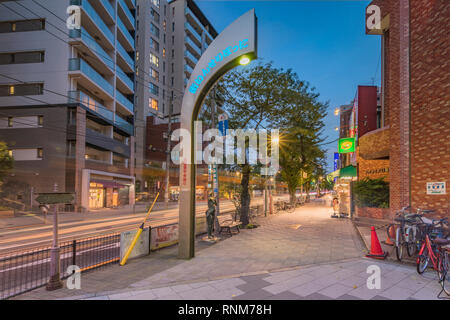 Vista notturna del metallo portale che segna l'entrata a Nippori di distretto tessile, che si estende per più di un chilometro e riunisce più t Foto Stock