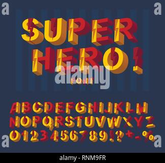Super Hero font. 3D alfabeto lettere e numeri in un stile fumetto. Illustrazione Vettoriale