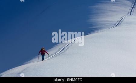 Tour di sci, ski tour guida in salita, lonely pista di sci, Wertacher Hörnle, Unterjoch, distretto Oberallgäu, Baviera, Germania Foto Stock