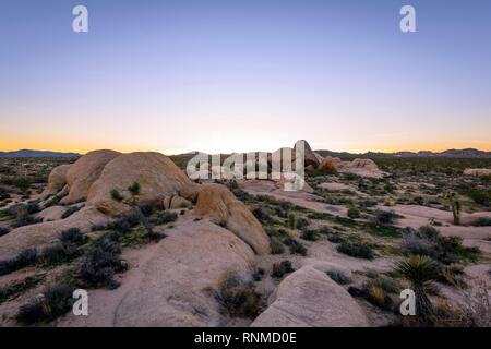 Sunset, paesaggio rotonde con rocce di granito, formazioni rocciose, Vasca bianca campeggio, Joshua Tree National Park, Centro del deserto Foto Stock