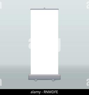 Roll up banner isolato. Vettore display vuoto mockup di presentazione o di esposizione prodotto. Vertical Blank Roll up stand modello. Illustrazione Vettoriale