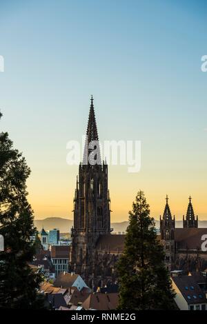 Cattedrale di Friburgo, tramonto, Freiburg im Breisgau, Foresta Nera, Baden-Württemberg, Germania, Europa Foto Stock