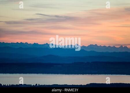 Vista da Gehrenberg al Lago di Costanza e sulle Alpi svizzere, tramonto, Markdorf, Lago di Costanza, Baden-Württemberg, Germania, Europa Foto Stock