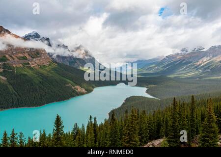 Nuvole appesi in picchi di montagna, turchese lago glaciale circondata da una foresta, il Lago Peyto Montagne Rocciose, il Parco Nazionale di Banff, provincia di Alberta, può Foto Stock