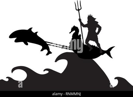 Poseidon Neptunus dio dolphin chariot silhouette mitologia antica fantasia. Illustrazione Vettoriale. Illustrazione Vettoriale