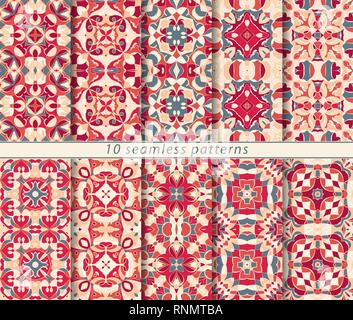 Dieci modelli senza giunture in stile orientale. Ornamenti orientale per la progettazione di tessuto, la carta di avvolgimento o di Scrapbooking. Illustrazione Vettoriale in rosso i colori. Illustrazione Vettoriale