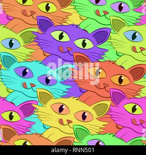 Sfondo senza giunture, Funny Cartoon gatti colorati, Tile Pattern. Vettore Illustrazione Vettoriale