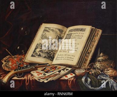 Luyckx Carstian o Simon Renard De Saint-André- ancora una vita di un libro aperto, bolle, corallo, una pistola flintlock, ecc su un Tavolo drappeggiato con un rosso e un panno verde. Foto Stock