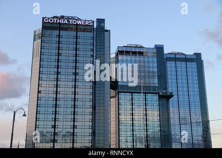 Göteborg, Svezia - 26 agosto 2018: Gothia Towers a Gothenburg, Svezia. I grattacieli sono parte dell'esposizione svedese e il centro congressi. Foto Stock