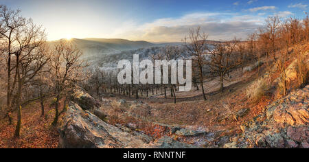 Congelare l'Alba autunnale, rocce ricoperte di polvere fresca neve. Stony rock peak è aumentato da foggy valley. Inverno misty sunrise in splendide rocce Foto Stock