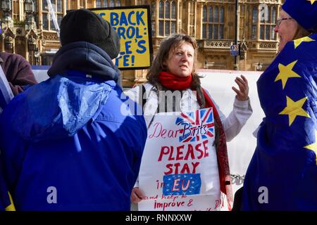 Londra, Regno Unito. 19 Feb, 2019. Un cittadino tedesco implora per i britannici di soggiorno nell'UE.Pro protesta UE,Case del Parlamento,Westminster,London.UK Credit: Michael melia/Alamy Live News Foto Stock