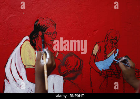 Dacca in Bangladesh. Xx Febbraio 2019. Un artista vernice su una parete di strada vicino a Central Shaheed Miner come parte della preparazione a celebrare Internazionale Lingua Madre giorno il 21 febbraio. Credito: MD Mehedi Hasan/ZUMA filo/Alamy Live News Foto Stock