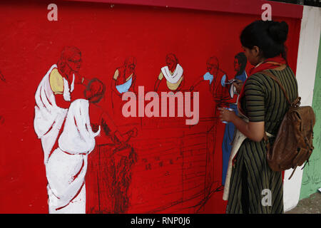 Dacca in Bangladesh. Xx Febbraio 2019. Un artista vernice su una parete di strada vicino a Central Shaheed Miner come parte della preparazione a celebrare Internazionale Lingua Madre giorno il 21 febbraio. Credito: MD Mehedi Hasan/ZUMA filo/Alamy Live News Foto Stock