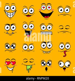 Set di giallo di graziosi faccina felice emozioni,illustrazione vettoriale Illustrazione Vettoriale