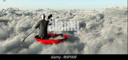 Il surrealismo. Uomo in un vestito con paddle galleggianti in rosso ombrello sulle nuvole. Foto Stock