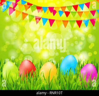 Sfondo di pasqua con uova colorate in verde erba e vettore di flag Illustrazione Vettoriale