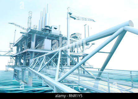 Oil Rig edificio nell'oceano, rendering 3D'immagine. Foto Stock