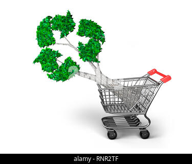 Concetto di acquistare o per la fornitura di tecnologie per lo sviluppo di tutela ambientale e di economia circolare, albero con foglie di colore verde simbolo di riciclaggio in shoppin Foto Stock