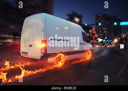 Super veloce di consegna del servizio di pacchetto con van con ruote sul fuoco. Il rendering 3D Foto Stock