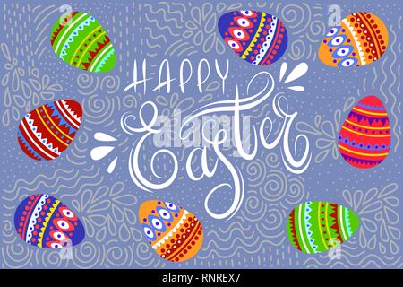 Felice Pasqua. Cartoon carino uova e del disegno a mano doodle con testo. Vettore orizzontale illustrazione Illustrazione Vettoriale