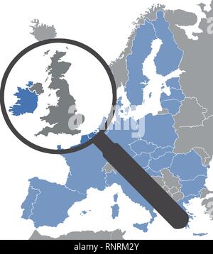 Mappa di Unione europea senza Inghilterra dopo Brexit evidenziando la Gran Bretagna dietro la lente di ingrandimento Illustrazione Vettoriale