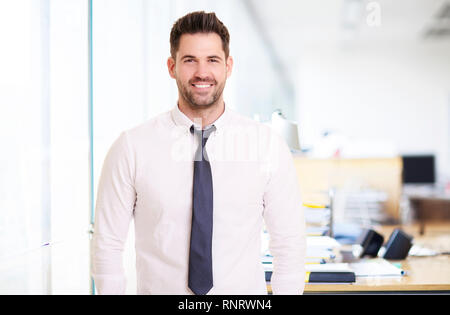 Ritratto di imprenditore sorridente indossando camicia e cravatta permanente, mentre in ufficio. Foto Stock