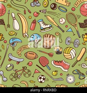 Sport Seamless pattern. Icone di stile scarabocchio. Attrezzature per il fitness e per la formazione. Simboli di salute e attività. Campo da tennis e da calcetto, basket. Giochi Illustrazione Vettoriale