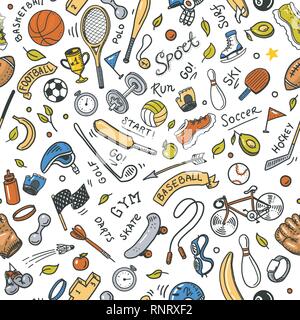 Sport Seamless pattern. Icone di stile scarabocchio. Attrezzature per il fitness e per la formazione. Simboli di salute e attività. Campo da tennis e da calcetto, basket. Giochi Illustrazione Vettoriale