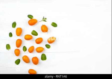 Background creativo realizzato con kumquat frutti e foglie di menta.Kumquat intero, still life pattern sfondo. Immagine con copia spazio. Foto Stock