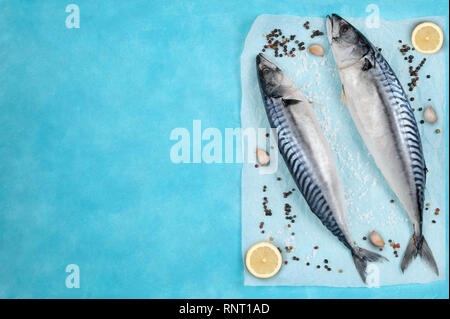 Layout creativo fatto di cotte fresche sgombro con condimenti su una carta pergamena. Mediterranean Seafood concetto.,l'orientamento orizzontale. Foto Stock