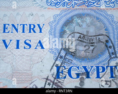 Macro Immagine egiziano di visa al passaporto internazionale Foto Stock