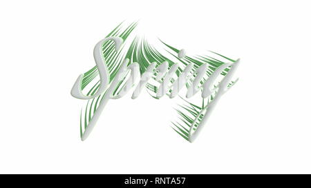 La parola scritta a molla realizzato da plactic bianco e la crescita verde e fresca erba ondulate. 3d'illustrazione. Isolato su sfondo bianco Foto Stock