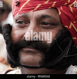 Uomo indiano in posa per i baffi di concorrenza a Pushkar Camel Fair in Rajasthan, India Foto Stock