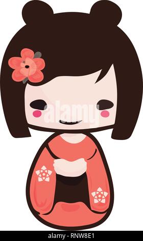 Giapponese tradizionale bambola Kokeshi isolato illustrazione vettoriale. Kawaii Kokeshi Doll ragazza souvenir con graziosi Kimono. Illustrazione Vettoriale