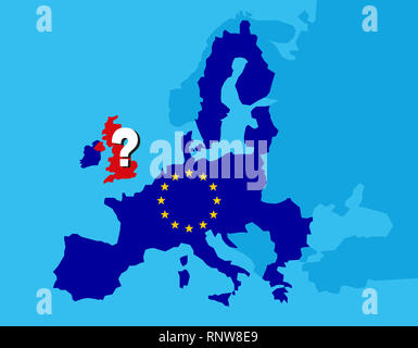Referendum Brexit concetto britannico - Regno Unito, Gran Bretagna o in Inghilterra lasciando UE CON IL REGNO UNITO come una bandiera e stelle dell'UE sulla mappa di Europa con grande qustion ma Foto Stock