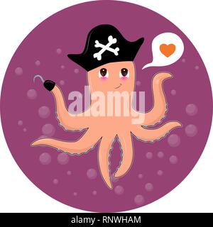 Cartoon carino polpo sopra l'acqua. Animale illustrazione vettoriale. Illustrazione Vettoriale