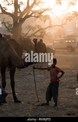 Ragazzo che pongono accanto al Camel a Pushkar Camel Fair in Rajasthan, India Foto Stock