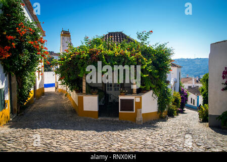 Accogliente strette stradine della città vecchia di Obidos, Portogallo. Foto Stock