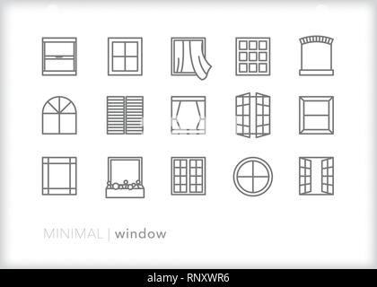Set di 15 linea nella finestra di icone per casa e ufficio di architettura Illustrazione Vettoriale