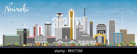 Nairobi Kenya skyline della città con edifici di colore e cielo blu. Illustrazione Vettoriale. Viaggi di lavoro e di concetto con architettura moderna. Illustrazione Vettoriale