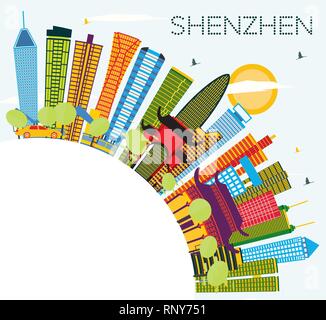 Shenzhen in Cina skyline della città con edifici di colore, il blu del cielo e spazio di copia. Illustrazione Vettoriale. Illustrazione Vettoriale