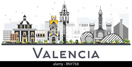 Valencia Spagna skyline della città con edifici di colore isolato su bianco. Illustrazione Vettoriale. Illustrazione Vettoriale