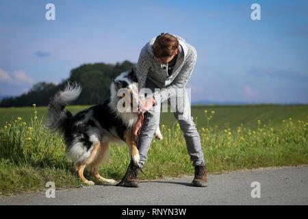 Uomo e longhaired Collie Foto Stock