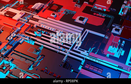 Abstract high tech electronic PCB (Circuito Stampato) sfondo in colore blu e rosso. 3d illustrazione Foto Stock