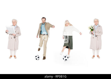 Collage di pensionati che giocano a calcio nei pressi di donne con fiori e giornale isolato su bianco Foto Stock