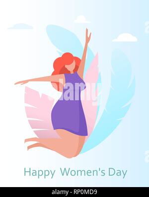 La Giornata internazionale della donna biglietto di auguri con graziosi jumping lady. Donna divertente personaggio dei fumetti per volantini, poster, invito e gli altri. Illustra il vettore Illustrazione Vettoriale