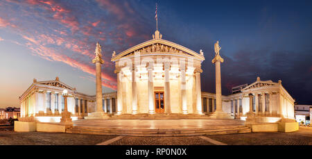 Panorama notturno di Accademia di Atene, Attica, Grecia Foto Stock