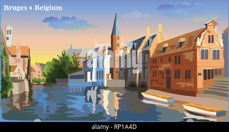 Paesaggio urbano vista su acqua di Rozenhoedkaai canal a Bruges, Belgio. Punto di riferimento internazionale del Belgio. Colorata illustrazione vettoriale. Illustrazione Vettoriale
