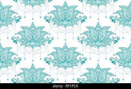 Indian fiore di loto vector seamless pattern, Mehndi henna tattoo stile, Yoga o decorazione zen, bohemian tessile in turchese su sfondo bianco. Illustrazione Vettoriale